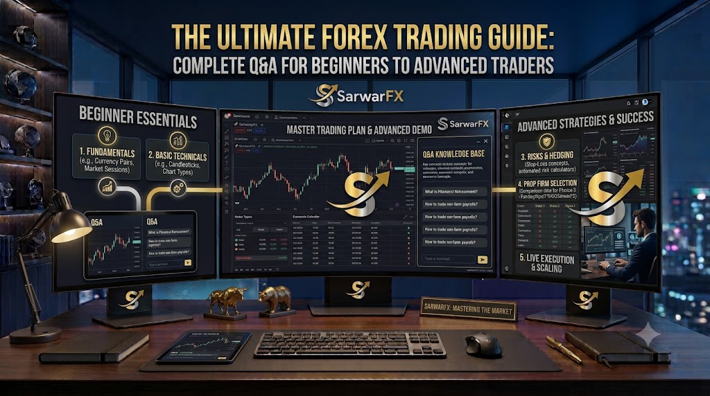 Comprehensive Forex Trading FAQ Guide showing financial charts and currency symbols
